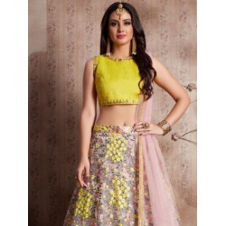 Yellow Floral Embroidery Soft Net Lehenga Choli Readymade