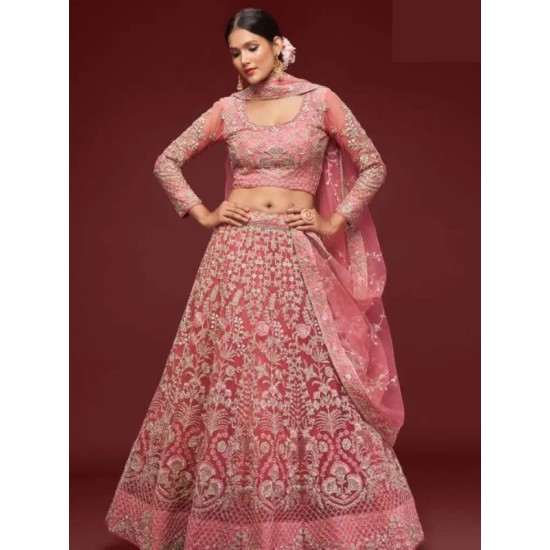 Baby Pink Zari Embroidery Heavy Net Lehenga Choli Readymade