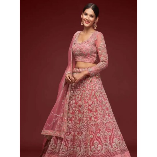 Baby Pink Zari Embroidery Heavy Net Lehenga Choli Readymade