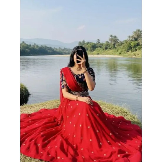Georgette Floral Sequins Red Blue Lehenga Choli Readymade