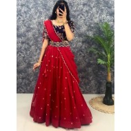 Georgette Floral Sequins Red Blue Lehenga Choli Readymade