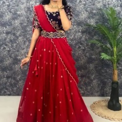 Georgette Floral Sequins Red Blue Lehenga Choli Readymade