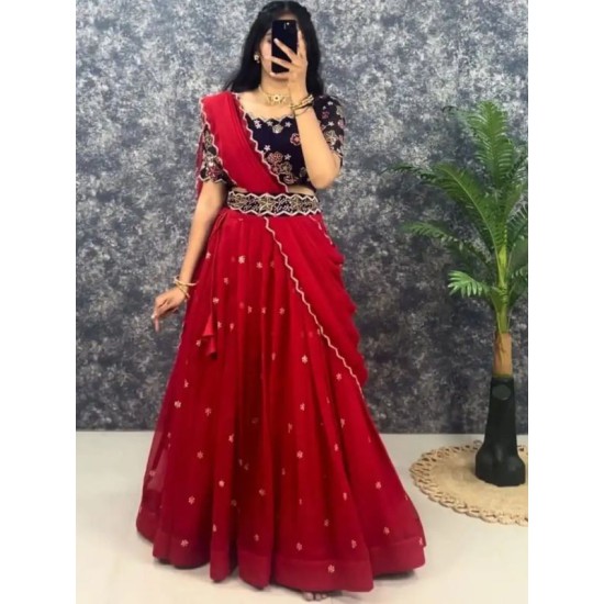 Georgette Floral Sequins Red Blue Lehenga Choli Readymade