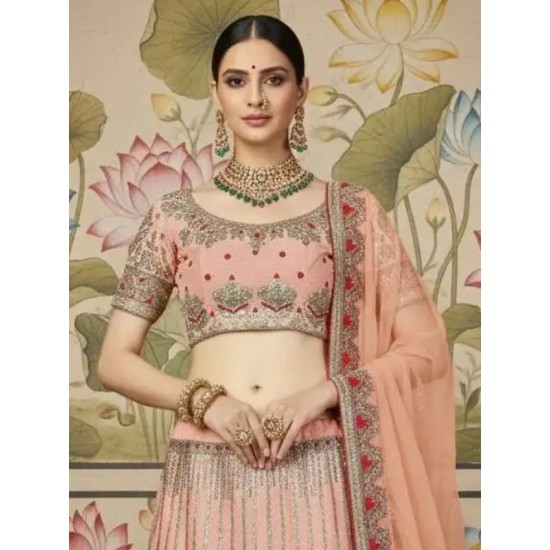 Latest Silk Embroidery Designer Peach Lehenga Choli Readymade