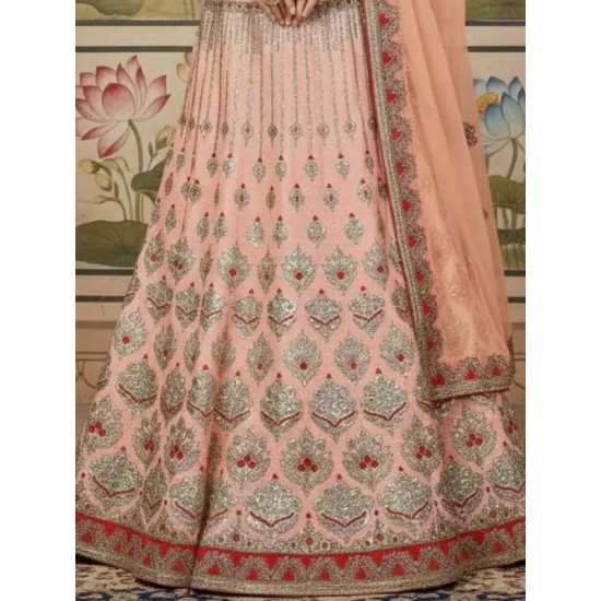 Latest Silk Embroidery Designer Peach Lehenga Choli Readymade