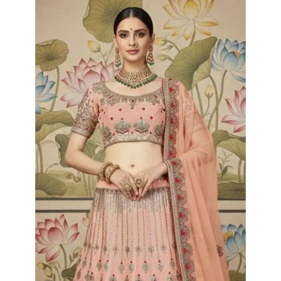 Latest Silk Embroidery Designer Peach Lehenga Choli Readymade