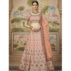 Latest Silk Embroidery Designer Peach Lehenga Choli Readymade