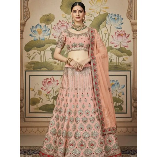 Latest Silk Embroidery Designer Peach Lehenga Choli Readymade