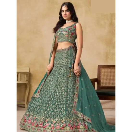 Teal Green Floral Heavy Embroidery Georgette Lehenga Choli Readymade