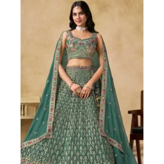 Teal Green Floral Heavy Embroidery Georgette Lehenga Choli Readymade