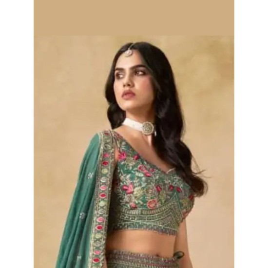 Teal Green Floral Heavy Embroidery Georgette Lehenga Choli Readymade
