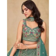 Teal Green Floral Heavy Embroidery Georgette Lehenga Choli Readymade