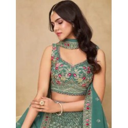 Teal Green Floral Heavy Embroidery Georgette Lehenga Choli Readymade