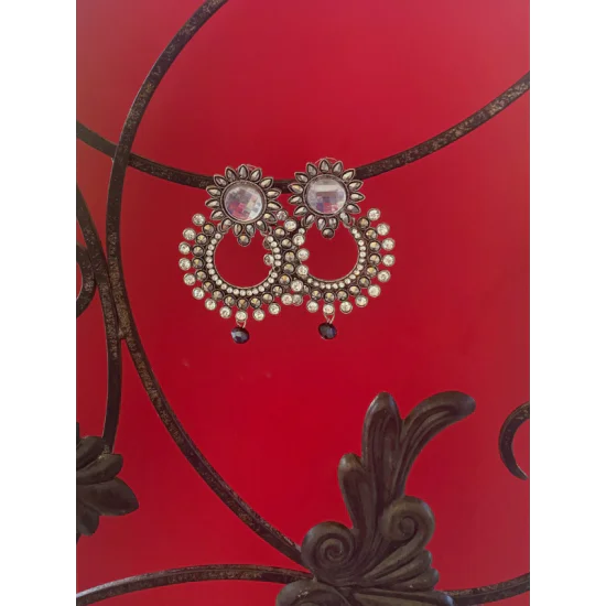 Silver Mirror Black Metal Chand Bali Earing