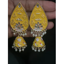 Hand Painted Leaf Shape Pearls Droppings Enameled Designer Earrings