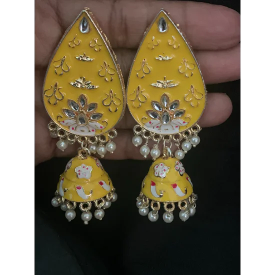 Hand Painted Leaf Shape Pearls Droppings Enameled Designer Earrings Hand Painted Leaf Shape Pearls Droppings Enameled Designer Earrings