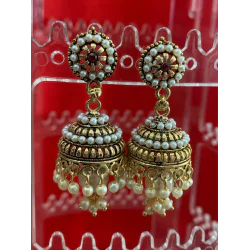 Gold Plated Black Colors Beads White Pearl Finish Jhumka Earring