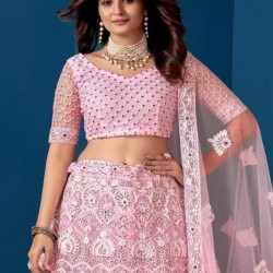 Beautiful Heavy Embroidery Baby Pink Fancy Net Lehenga Choli Readymade