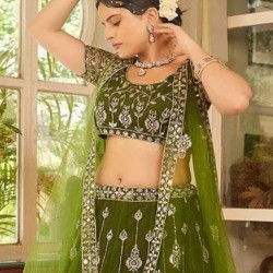 Green Heavy Embroidery Designer Net Lehenga Choli Readymade