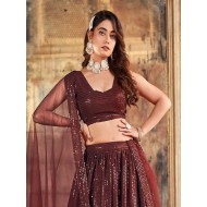 Georgette Sequins Designer Chocolate Brown Wedding Lehenga Choli Readymade