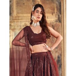 Georgette Sequins Designer Chocolate Brown Wedding Lehenga Choli Readymade