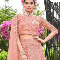 Peach Floral Embroidery Soft Net Lehenga Choli Readymade
