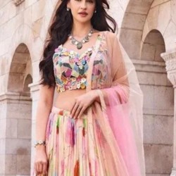 Pink Georgette Floral Digital Print Sequins Wedding Lehenga Choli Readymade