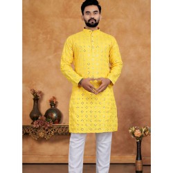 Bright Yellow Cotton Embroidery Mirror Work Men Kurta with Pajama Set