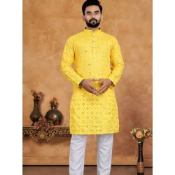 Bright Yellow Cotton Embroidery Mirror Work Men Kurta with Pajama Set