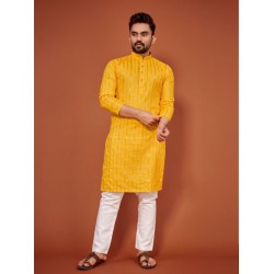Yellow Soft Cotton Mirror Work Men's Kurta with Pajama Set