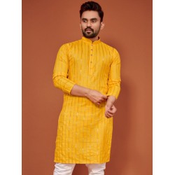 Yellow Soft Cotton Mirror Work Men's Kurta with Pajama Set