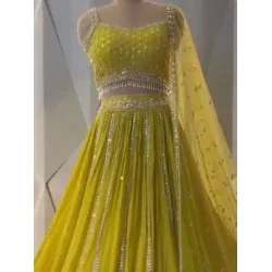 Yellow Floral Embroidery Sequence Georgette Lehenga Choli Readymade