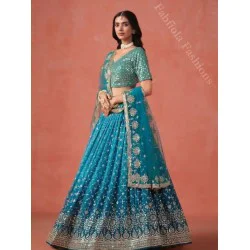 Beautiful Heavy Embroidery Blue Fancy Net Lehenga Choli Readymade