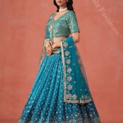 Beautiful Heavy Embroidery Blue Fancy Net Lehenga Choli Readymade