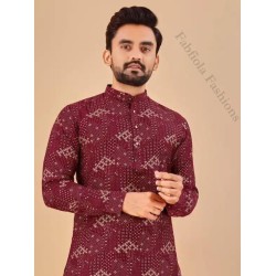 Maroon Red Cotton Embroidery Mirror Work Men Kurta with Pajama Set