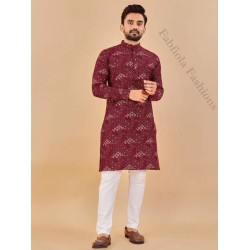 Maroon Red Cotton Embroidery Mirror Work Men Kurta with Pajama Set