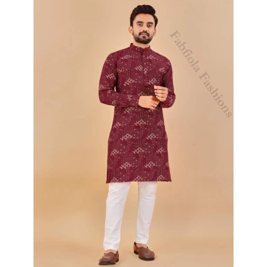 Maroon Red Cotton Embroidery Mirror Work Men Kurta with Pajama Set Maroon Red Cotton Embroidery Mirror Work Men Kurta with Pajama Set