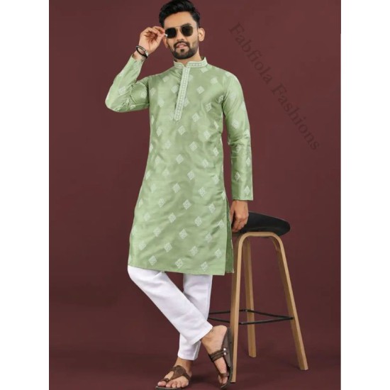 Silk Sequins Embroidery Work Men Kurta with Pajama Set Silk Sequins Embroidery Work Men Kurta with Pajama Set
