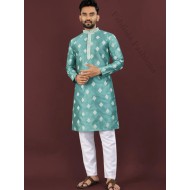 Silk Sequins Embroidery Work Men Kurta with Pajama Set