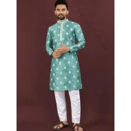 Silk Sequins Embroidery Work Men Kurta with Pajama Set