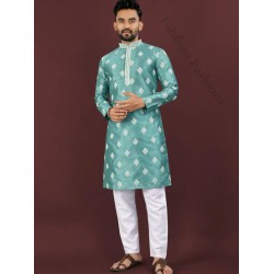 Silk Sequins Embroidery Work Men Kurta with Pajama Set