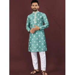 Silk Sequins Embroidery Work Men Kurta with Pajama Set