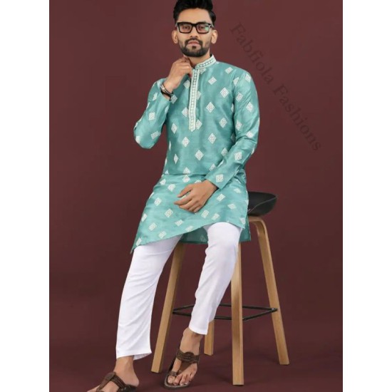 Silk Sequins Embroidery Work Men Kurta with Pajama Set Silk Sequins Embroidery Work Men Kurta with Pajama Set