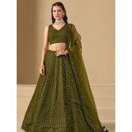 Dark Green Georgette Sequins Designer Wedding Lehenga Choli Readymade