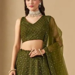 Dark Green Georgette Sequins Designer Wedding Lehenga Choli Readymade