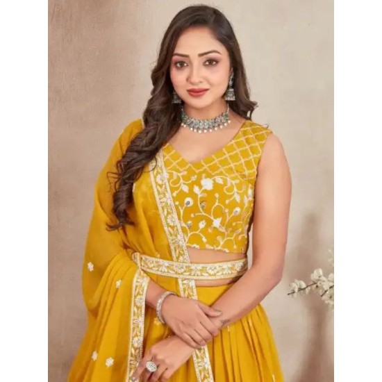 Mustered Yellow Georgette Embroidery Lehenga Choli Readymade