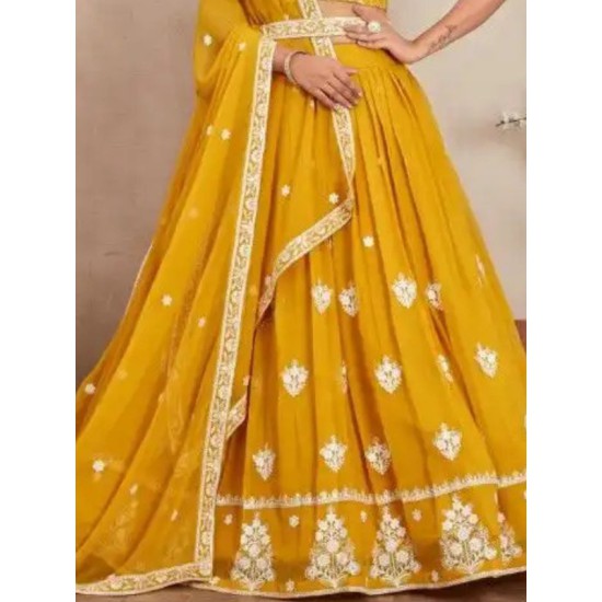 Mustered Yellow Georgette Embroidery Lehenga Choli Readymade