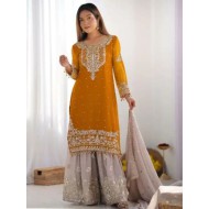 Mustard Yellow Heavy Embroidery Designer Sahara Suit Party Wear