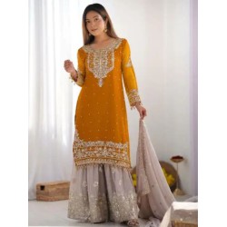 Mustard Yellow Heavy Embroidery Designer Sahara Suit Party Wear