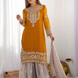 Mustard Yellow Heavy Embroidery Designer Sahara Suit Party Wear